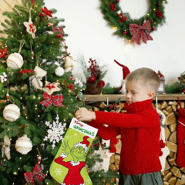 New Christmas Tree Decor Funny Green Grinch Christmas Socks Green Hair Monster Decor Children's Christmas Gifts Socks Candy Bags