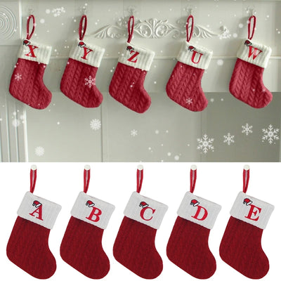 Christmas Stockings Xmas Gift Knitting Socks Pendant Red A-Z Letter Hanging Stock Christmas Tree Decor Ornament Navidad Gift Bag