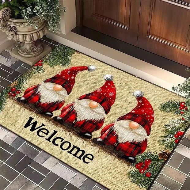 Christmas Gnome Door Mat Plaid Pattern Welcome Rug Festive Home Decor Mat Waterproof Non Slip Floor Protector for Xmas Entrance