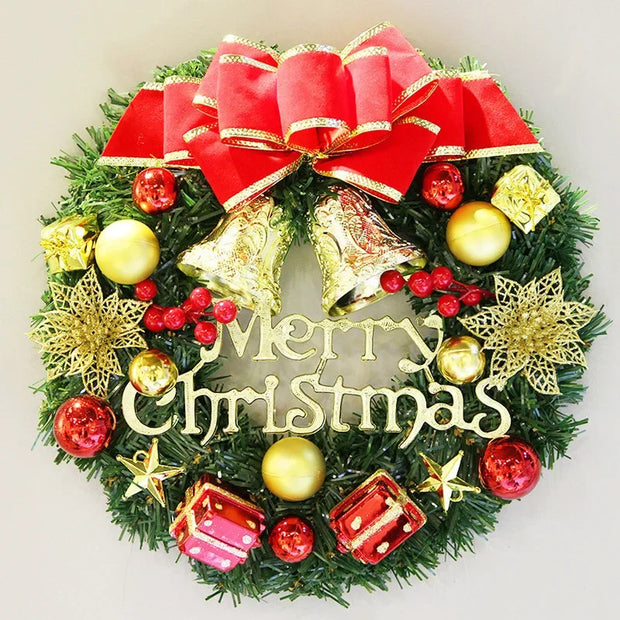 Artificial Merry Christmas Wreath with Bow Christmas Door Hanging Rattan Ornament Garland Christmas Suitable for Home Decoration