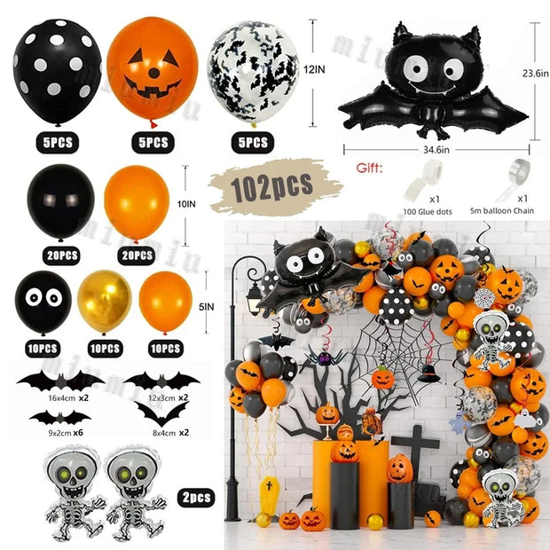 Halloween Bat Balloon Garland Arch Kit Black Orange Ballon 3D Bat Spider Sticker Eye Pumpkin Halloween Party Decoration Supplies