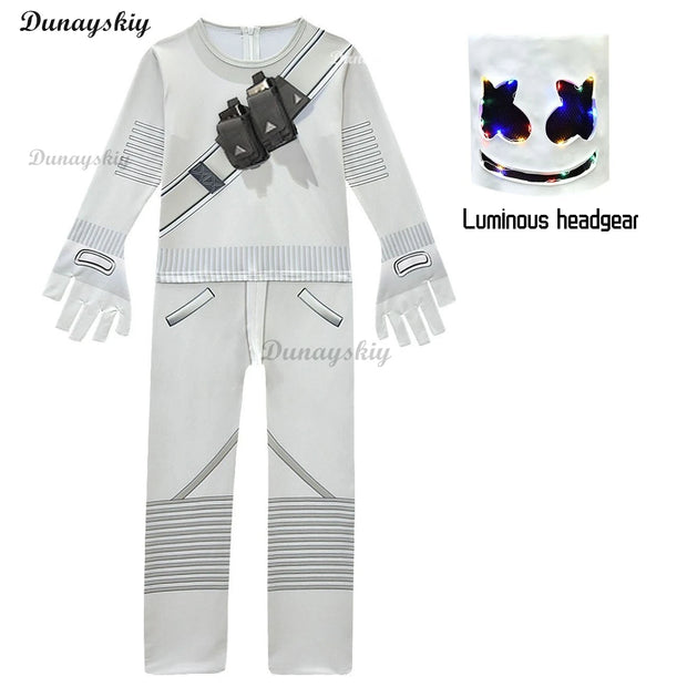 Fortnites DJ Marshmello Cosplay Costume White Jumpsuit Carnival Party Electric Syllables Bodysuit Halloween