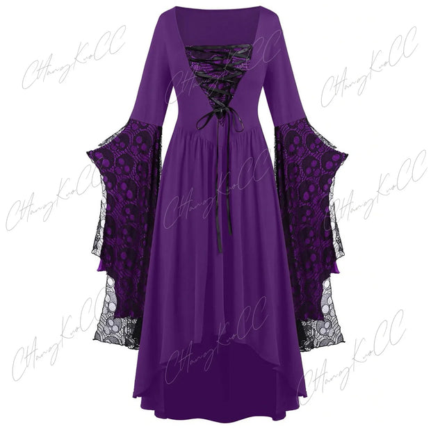 Vintage Halloween Cosplay Costume Witch Vampire Gothic Dress Ghost Dresses Up Party Printed Medieval Ghost Bride Female Clothes