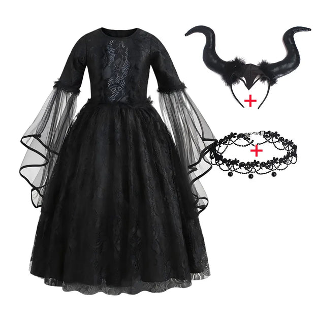 Disney Villain Role Playing Maleficent Costume Girl Halloween Evil Queen Lace Dress Deluxe Maleficent Cosplay Apparel Vestidos