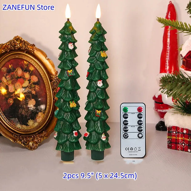 Christmas Tree LED Candles Green Led Candle Sticks with Timer Remote Control Christmas Tree 3D Flickering Flameless LED Candles