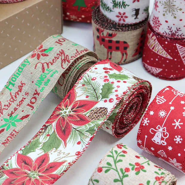 63mm Red Green Christmas Burlap Jute Ribbon Roll Wired Edge Wedding Decoration Gift Packing DIY Sewing Accessories Webbing