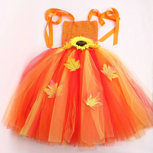 Fall Woodland Fairy Costume for Girls Orange Maple Leaves Sun Flower Fairy Tutu Dress with Wings Wand Kids Halloween Costumes