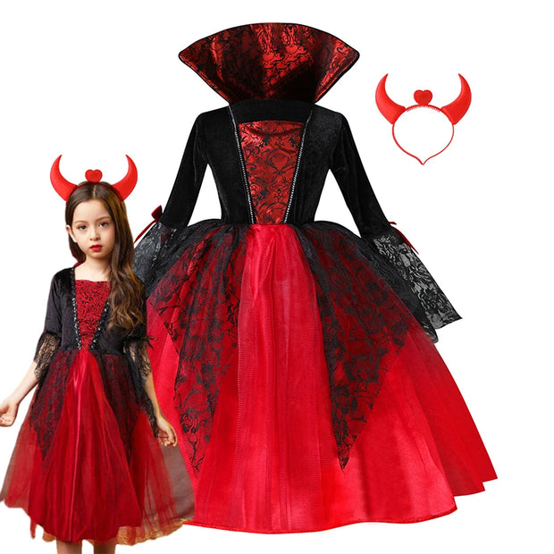 Girl Vampire Halloween Dress For Kid Ghost Bride Gothic Cosplay Vampire Costume Count Vampiran Carnival Outfit Black Red Clothes