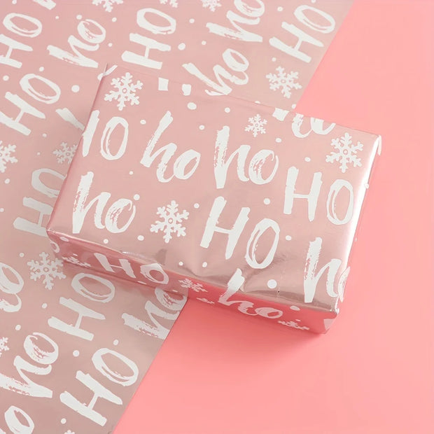 1 Roll Christmas Wrapping Paper Mini Roll, Pink Metallic Foil Shine Paper - Snowflakes/Santa Claus/HO Print for Gift Wrap, Arts