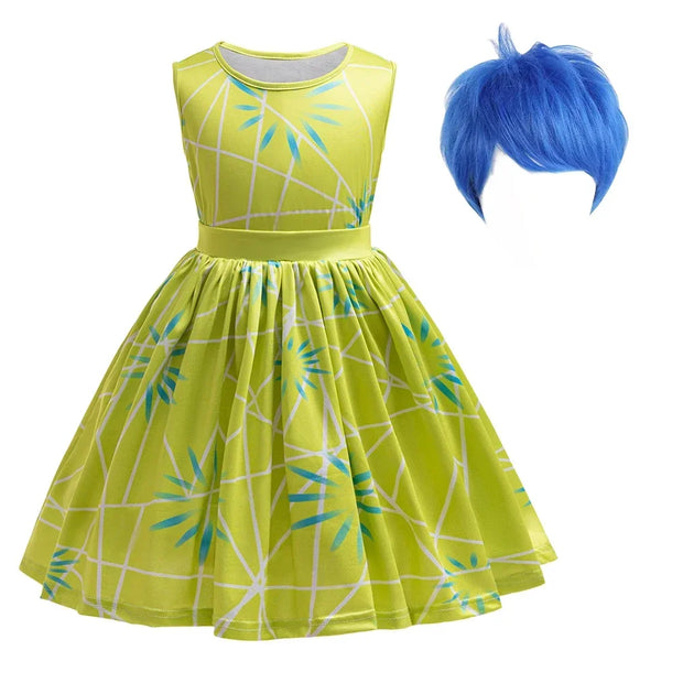 Inside Out Joy Cosplay Costume Princess Dress+Wig+Hairpin For Kids Girls Halloween Carnival Birthday Happiness Dress Up
