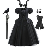 Maleficent Costume for Girls Halloween Witch Cosplay Black Witch Short Sleeve Cute New Horror Dress Accessories Set