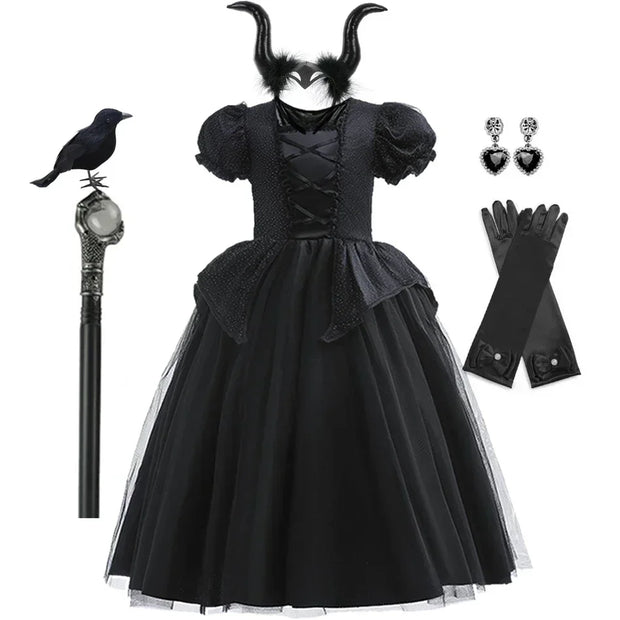 Maleficent Costume for Girls Halloween Witch Cosplay Black Witch Short Sleeve Cute New Horror Dress Accessories Set