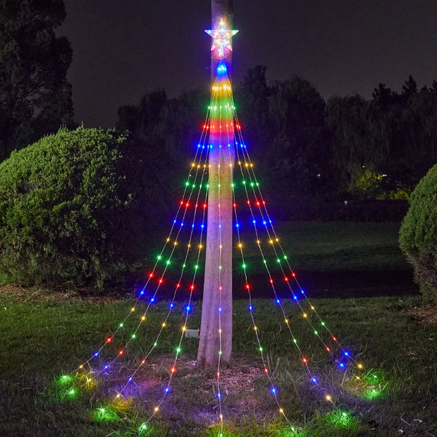 Solar Christmas Decorations Remote Control Waterproof Star String Lights Waterfall Tree Fairy Lamp with Top Star Outdoor Decor
