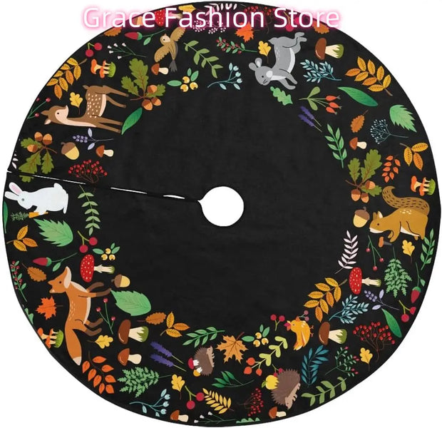 Forest Wreath Christmas Tree Skirt 36" Fall Tree Skirt Mushroom Fox Rabbit Deer Tree Mat for Thanksgiving Christmas