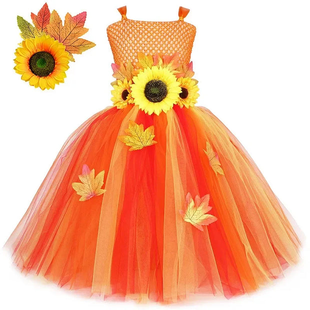 Fall Woodland Fairy Costume for Girls Orange Maple Leaves Sun Flower Fairy Tutu Dress with Wings Wand Kids Halloween Costumes
