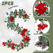 15.7Ft Christmas Artificial Garlands with Red Poinsettias Berries Holly Leaves and Snowy Pine Cones Faux Vine Hanging Garlands f