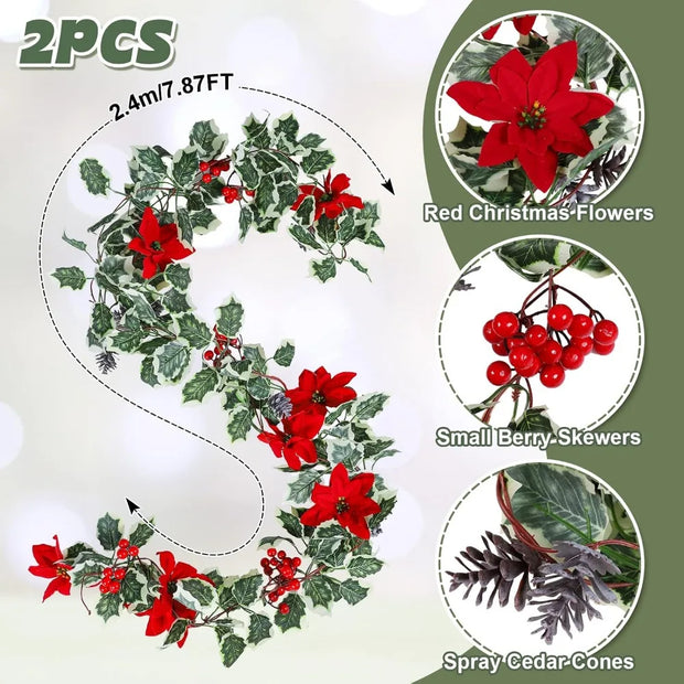 15.7Ft Christmas Artificial Garlands with Red Poinsettias Berries Holly Leaves and Snowy Pine Cones Faux Vine Hanging Garlands f