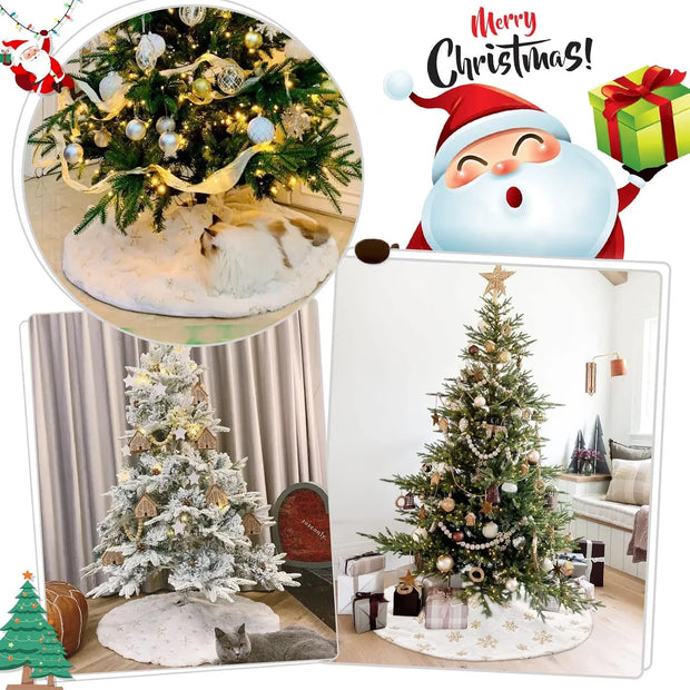 Christmas Tree Skirt Snowflake Design Flannel Plush Glitter Hem Xmas Tree Decorative Cover Base Home Party Decor Holiday Gift