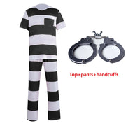 Mens Prisoner Costume Uniform Halloween Guilty Prisoner Sets handcuffs Striped Top Pants Jail Party Cosplay Costumes for Adult