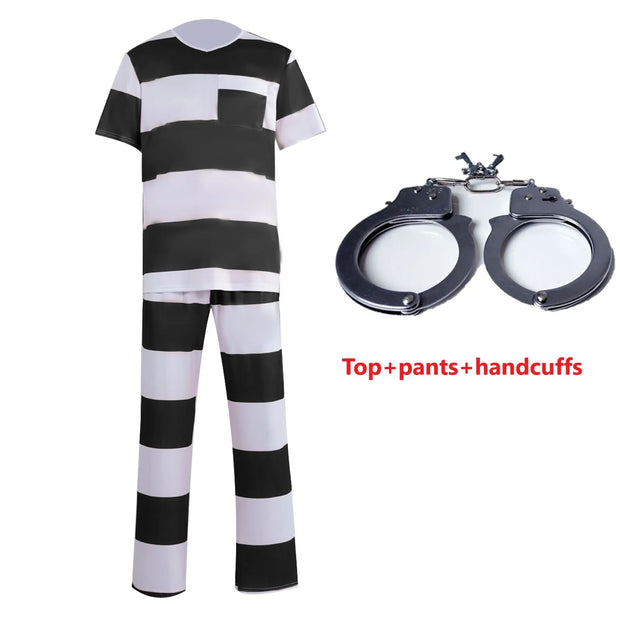 Mens Prisoner Costume Uniform Halloween Guilty Prisoner Sets handcuffs Striped Top Pants Jail Party Cosplay Costumes for Adult