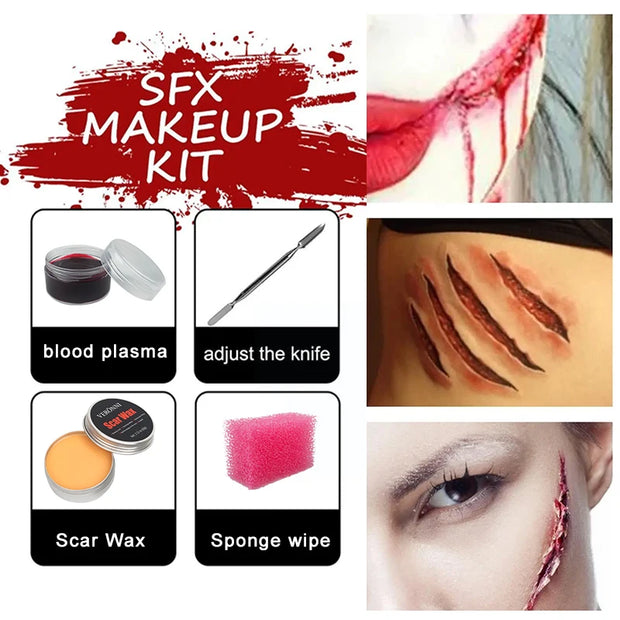 2/4/5PCS SFX Makeup Set Special Effect Halloween Party Wound Scar Wax Makeup with Spatula Sponge to Create a Blood Splash Shape