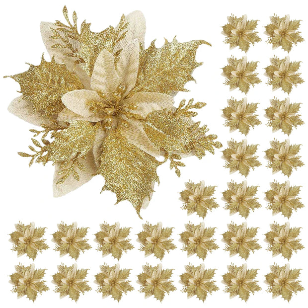 Christmas tree Flower Artificial Glitter Flowers Poinsettia Xmas Tree Ornament Garland golden Flowers adorn Christmas Party deco