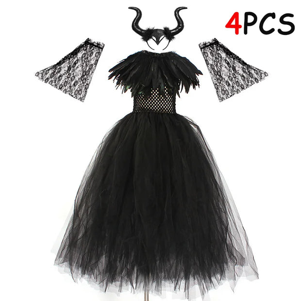 Halloween Kid Girl Cosplay Costume Maleficent Tulle Purple Black Dress Girls Vestidos Party Evil Queen Mesh Princess Dresses