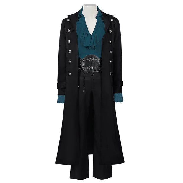Steampunk Medieval Count Costumes Pirate Gothic Navy Long Jacket Coat Shirt Vampire Cosplay  Halloween Outfit Men's Trenchcoat