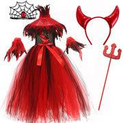2025 Halloween Vampire Costume for Girls Devil Witch Gothic Mesh Clothes Demon Vampires Queen Cosplay Carnival Party Dress Set
