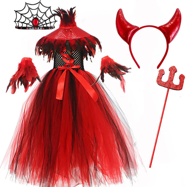 2025 Halloween Vampire Costume for Girls Devil Witch Gothic Mesh Clothes Demon Vampires Queen Cosplay Carnival Party Dress Set