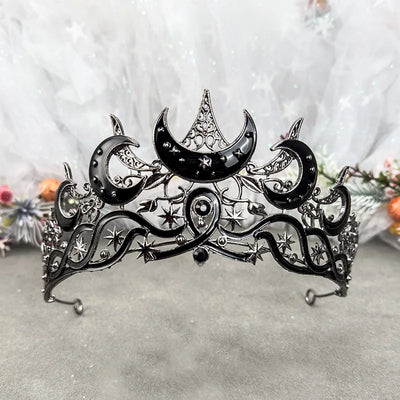Gothic Black Moon Tiara Dark Queen Crown for Women Baroque Celestial Star Headpiece Vintage Cosplay Halloween Wedding Party Acce