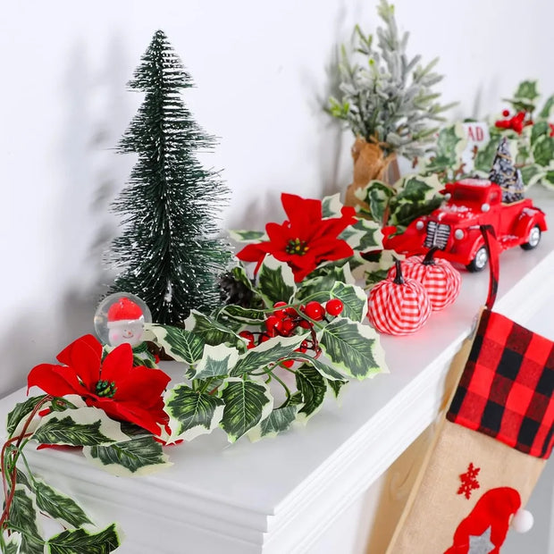 15.7Ft Christmas Artificial Garlands with Red Poinsettias Berries Holly Leaves and Snowy Pine Cones Faux Vine Hanging Garlands f