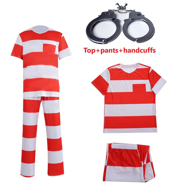 Mens Prisoner Costume Uniform Halloween Guilty Prisoner Sets handcuffs Striped Top Pants Jail Party Cosplay Costumes for Adult