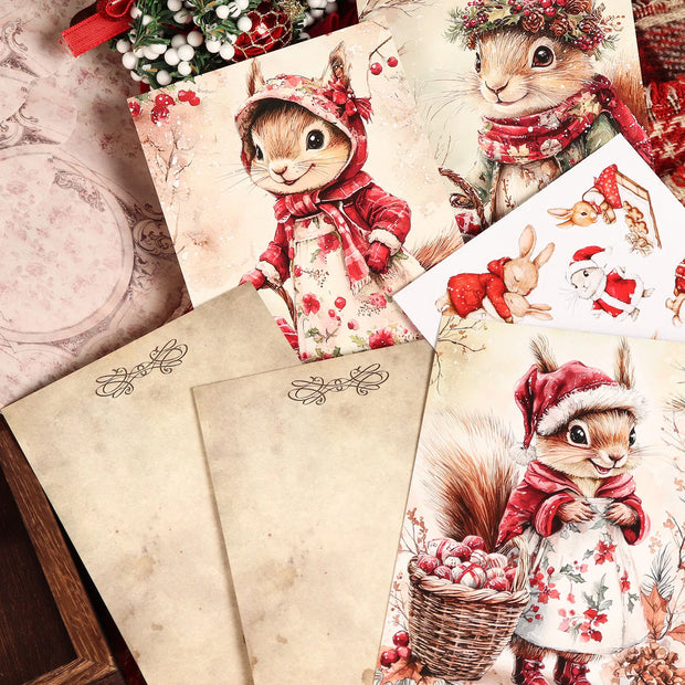 16cards, 4envelopes, 32stickers Christmas Squirrel Double-sided Postcard, for Scrapbooking Supplies, Paper Craft, Greetingcard