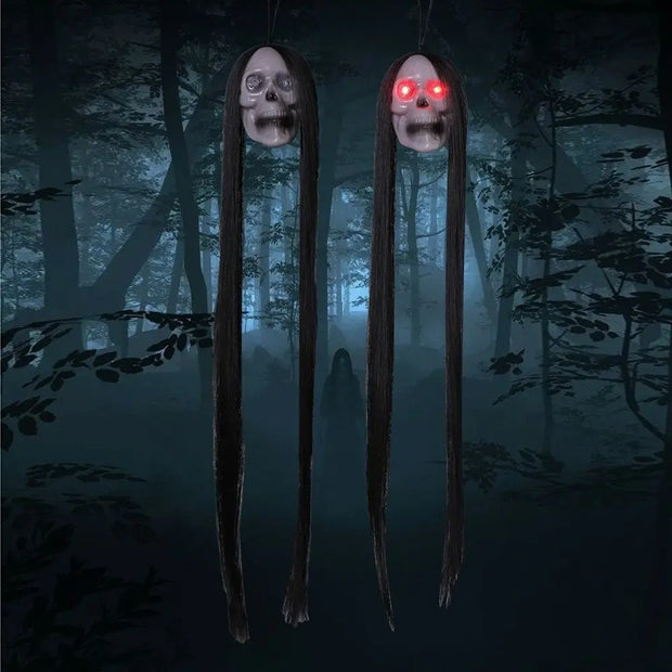 Plastic Halloween Hanging Ghost Long Hair Red Blinking Eye Horror Skeleton Ghost Hanging Design LED Light