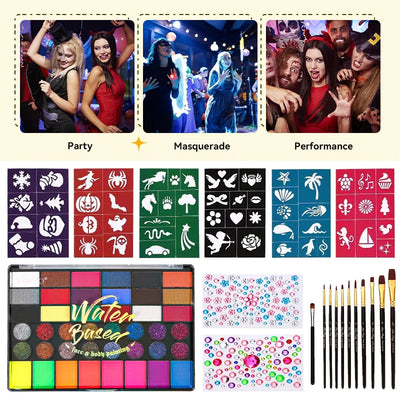 42-Color Water-Soluble Face Body Paint Set,Face Painting Kit with Decorative Stickers & Brushes Paint Makeup for Halloween Party