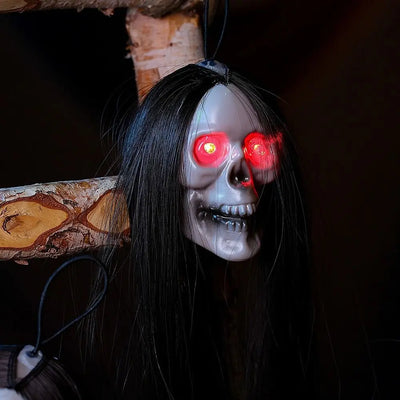 Plastic Halloween Hanging Ghost Long Hair Red Blinking Eye Horror Skeleton Ghost Hanging Design LED Light
