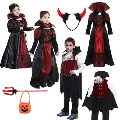 Halloween Fantasy Children's Costumes Ghost Bride Gothic Cosplay Girls Red Vampire Day of The Dead Kids Costumes for Boy Girl