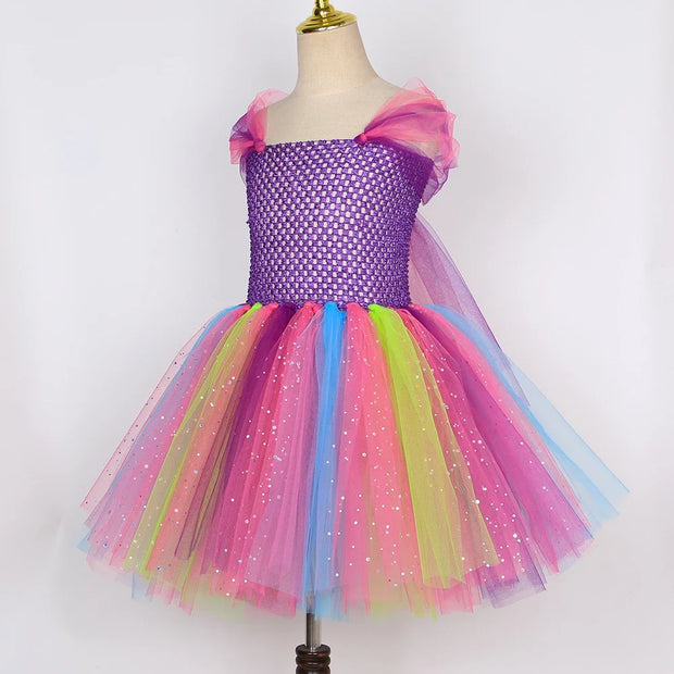 Girls Butterfly Fairy Tutu Dress with Wings Set Glitter Girls Rainbow Tulle Princess Dress Kids Halloween Birthday Party Costume