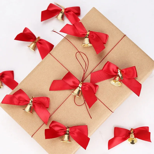 Christmas Ribbon Bows with Bell Decoration Package Gift Small Flower Bowknot for Craft Hairclip Wedding Bow DIY Party Charms