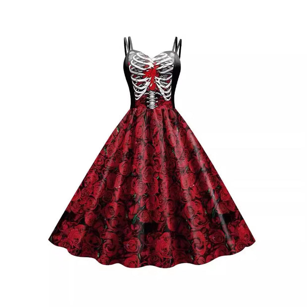 Halloween Cosplay dark Black Rose Skull Dress Women Costume Sleeveless Vintage Party Dresses Skull Witch Scary Girls Clothings