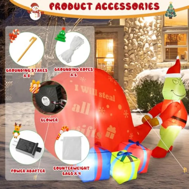 Christmas Green Big Monster Inflatable Decorations 5.5FT Lighted Up Outdoor Inflatable Decor with Builtin 8 LED Lights for Gard