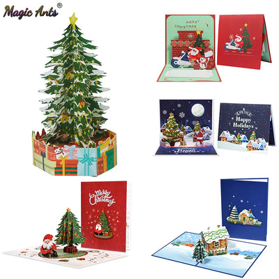 Merry Christmas Cards Christmas Tree Winter Gift Pop-Up Cards Christmas Decoration  Stickers Laser Cut New Year Greeting Cards