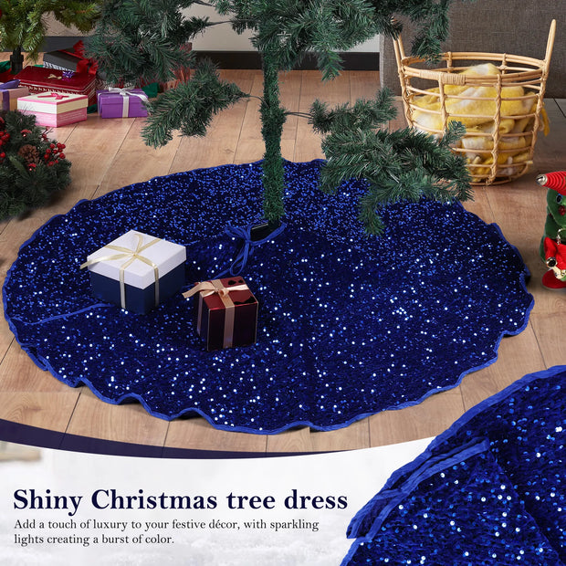 47.5in Christmas Tree Skirt Blue Christmas Tree Skirt Round Xmas Tree Skirt Decorations Exquisite Shiny Tree Skirt Party Favors
