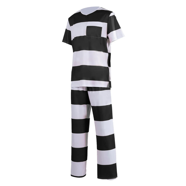 Mens Prisoner Costume Uniform Halloween Guilty Prisoner Sets handcuffs Striped Top Pants Jail Party Cosplay Costumes for Adult