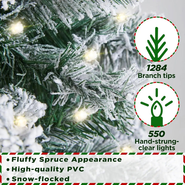 Yaheetech 7.5ft (228.6cm) Pre-lit Snow Flocked Artificial Spruce Christmas Tree | 550 Multicolor LED Lights, 1284 Branch Tips, M