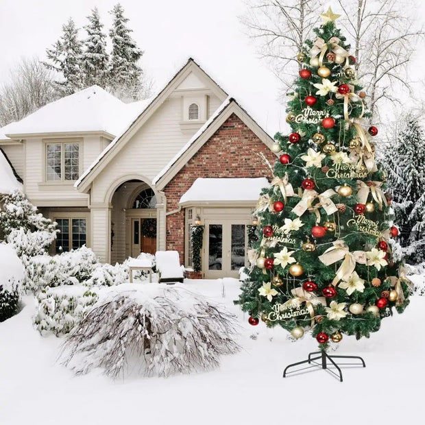 8FT Artificial Christmas Tree, Christmas Holiday Pencil Tree with Thick Branch Tips, Winter Party Decoration with Iron Base, Eas