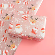 1 Roll Christmas Wrapping Paper Mini Roll, Pink Metallic Foil Shine Paper - Snowflakes/Santa Claus/HO Print for Gift Wrap, Arts