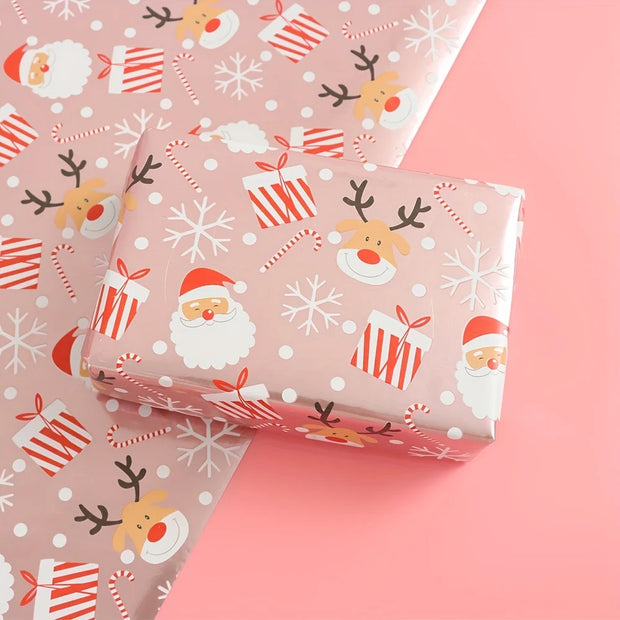 1 Roll Christmas Wrapping Paper Mini Roll, Pink Metallic Foil Shine Paper - Snowflakes/Santa Claus/HO Print for Gift Wrap, Arts