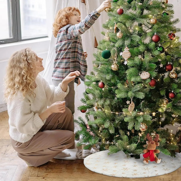 Miniature White Fluffy Christmas Tree Skirt Small Round Sequin Snowflake Design for Tabletop Xmas Tree Base Party Decor